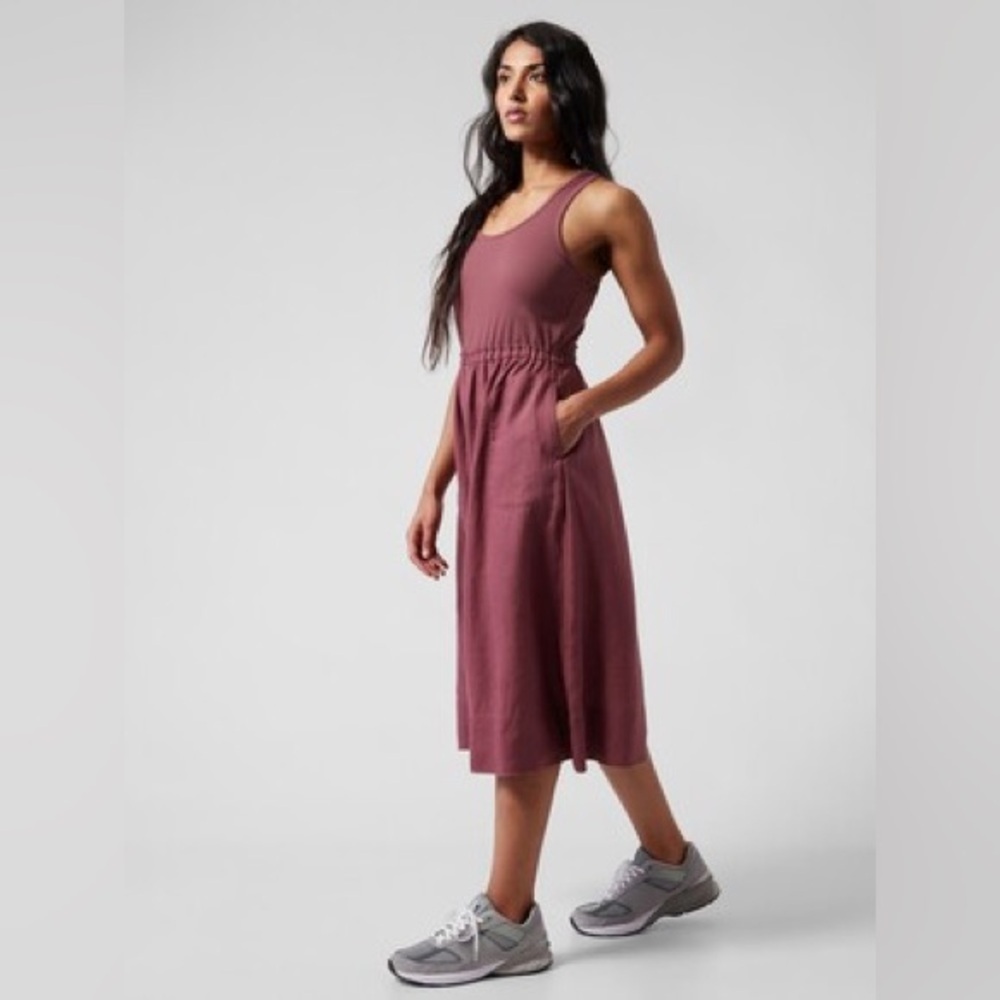 Athleta M Tawny Rose Purple Baja Linen Midi Dress A-Line Ribbed